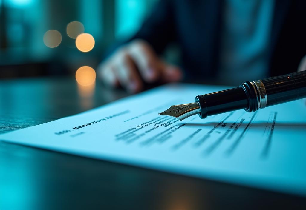 Close-up of a legal contract with a fountain pen and modern office lighting