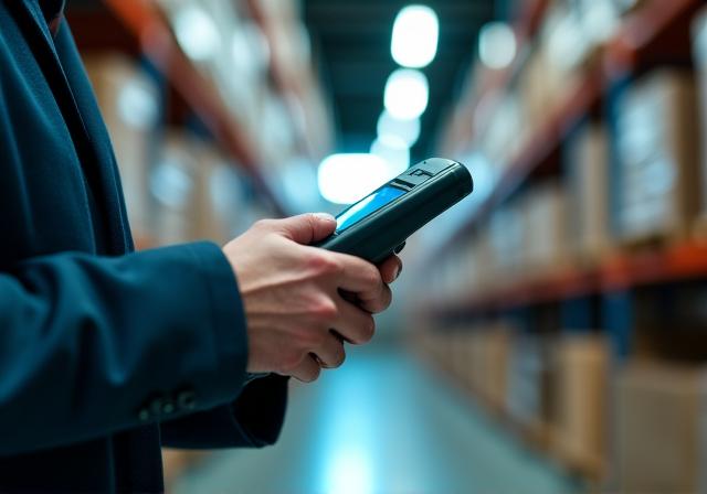 Warehouse security officer monitoring digital inventory systems