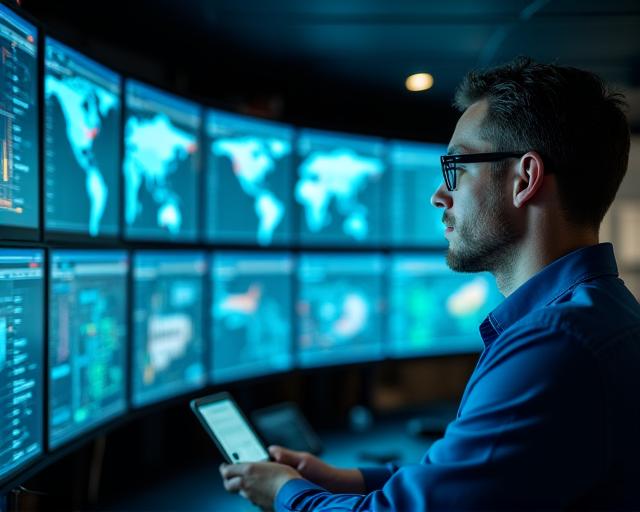 Logistics dispatcher coordinating freight transit with multiple screens in a modern tech-focused environment